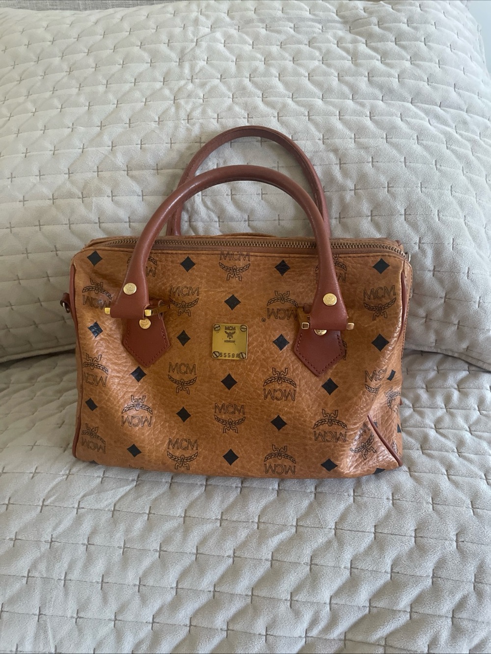 MCM Cognac Visetos Monogram Satchel with Brown Leather Handles